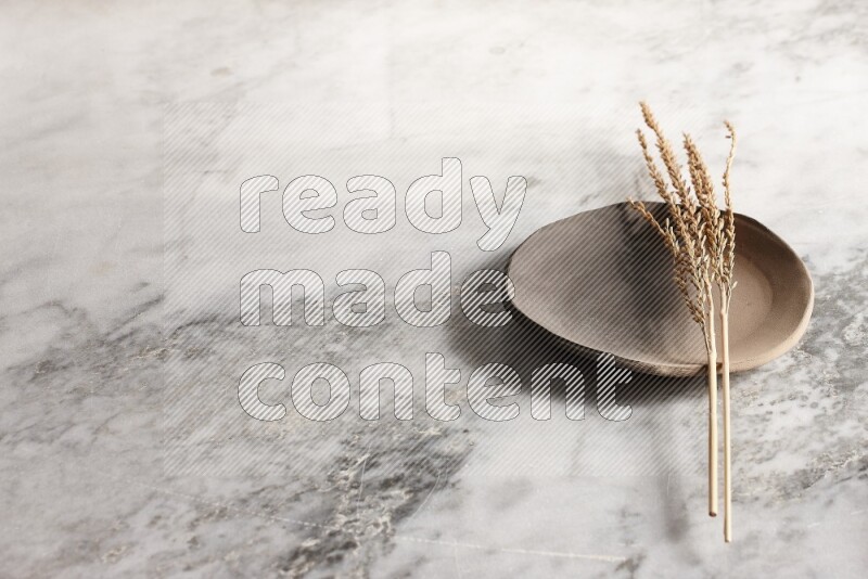 Wheat stalks on multicolored pottery plate on grey marble background