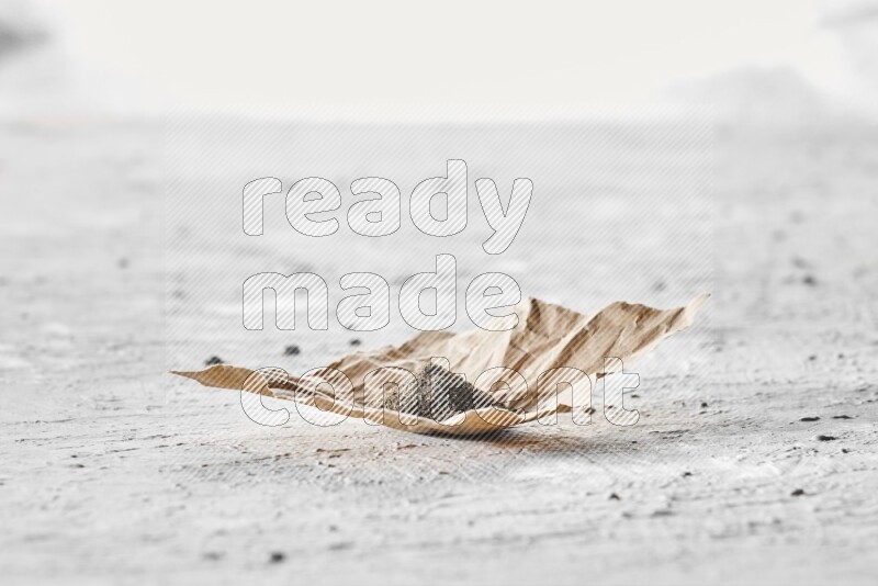 Black pepper powder on a crumpled paper on a textured white flooring
