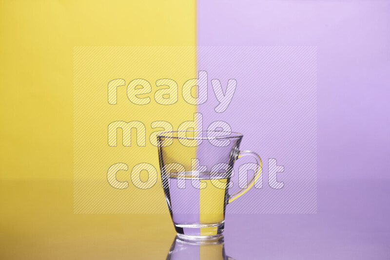 The image features a clear glassware filled with water, set against yellow and light purple background