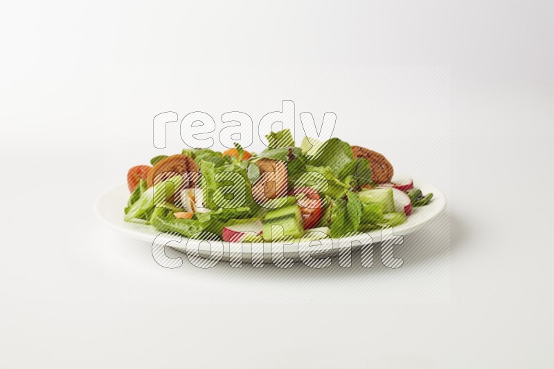 fattoush salad in a white plate direct on a white background