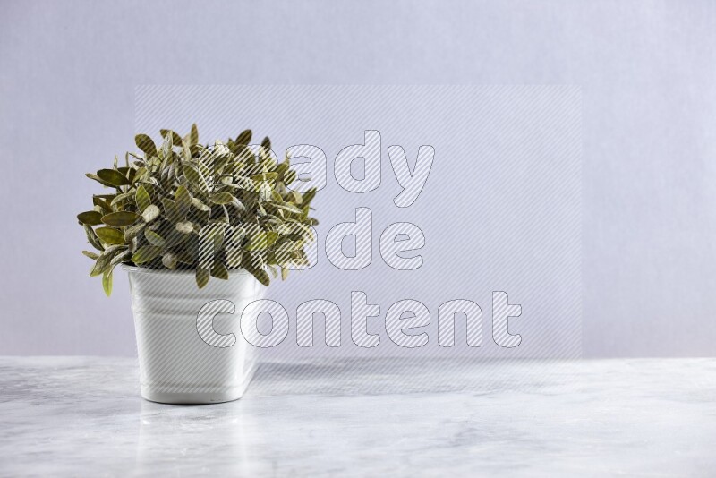 Multiple green artificial plants in white pot on grey marble background
