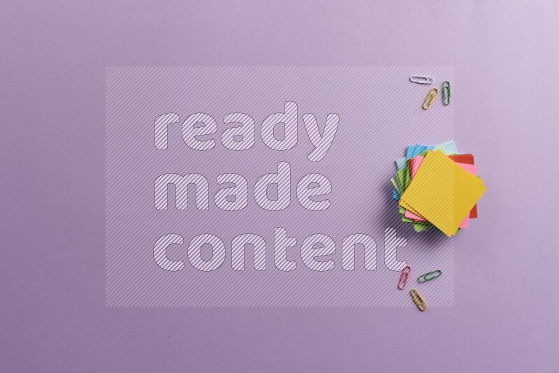 Multicolored sticky notes with school supplies on purple background