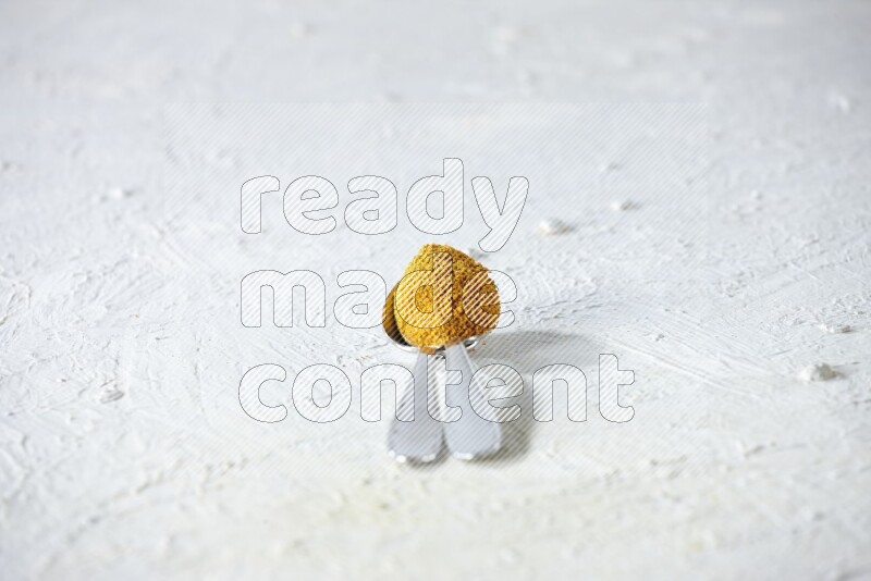 2 metal spoons full of turmeric powder on a textured white background