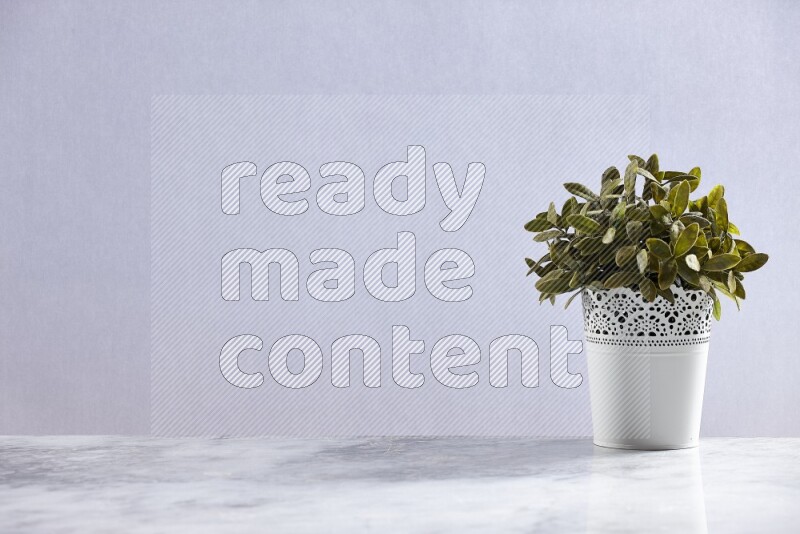 Green artificial plant in white decorative pot on grey marble background