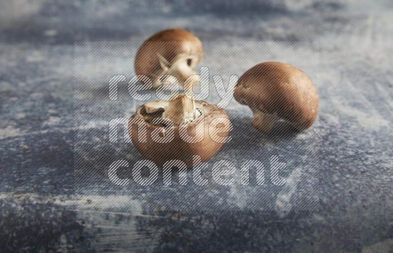 45 degre cremini  mushrooms on a textured rustic blue background