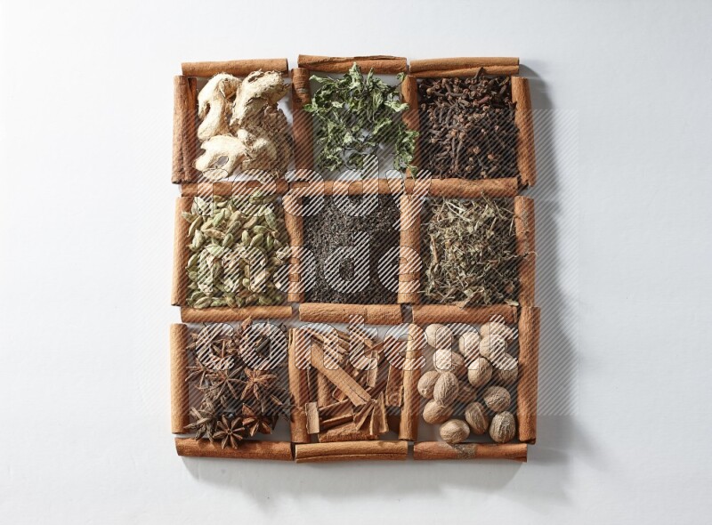 9 squares of cinnamon sticks full of tea in the middle surrounded by nutmeg, dried mint, cloves, dried basil, dried ginger, cinnamon, star anise and cardamom on white flooring