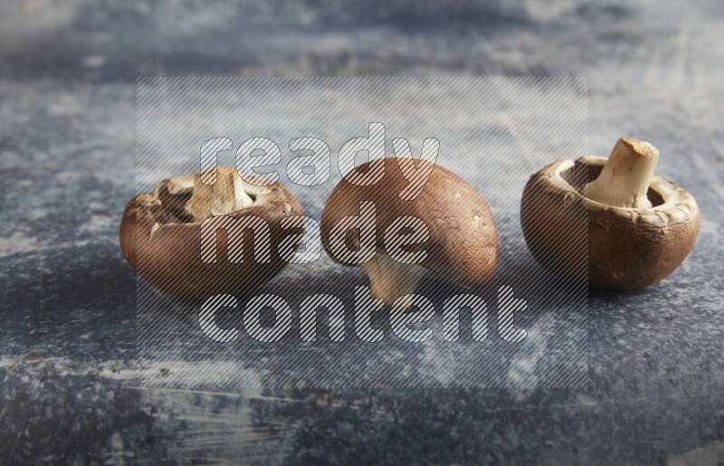 45 degre cremini  mushrooms on a textured rustic blue background