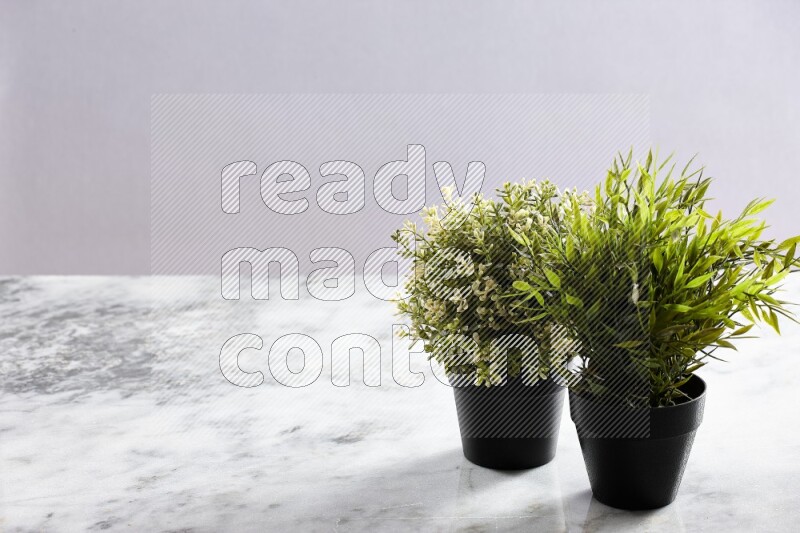 Two different green artificial plants in black pot on grey marble background