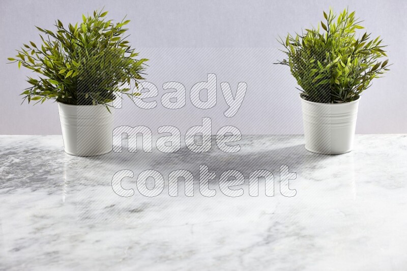 Two green artificial plants in white pot on grey marble background