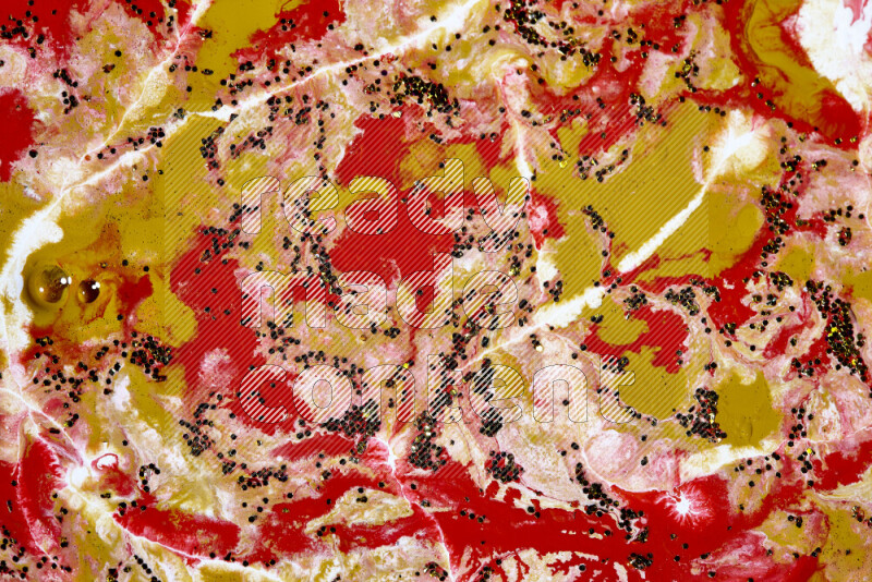 Abstract colorful background with mixed of red, white and gold paint colors with scattered gold glitter