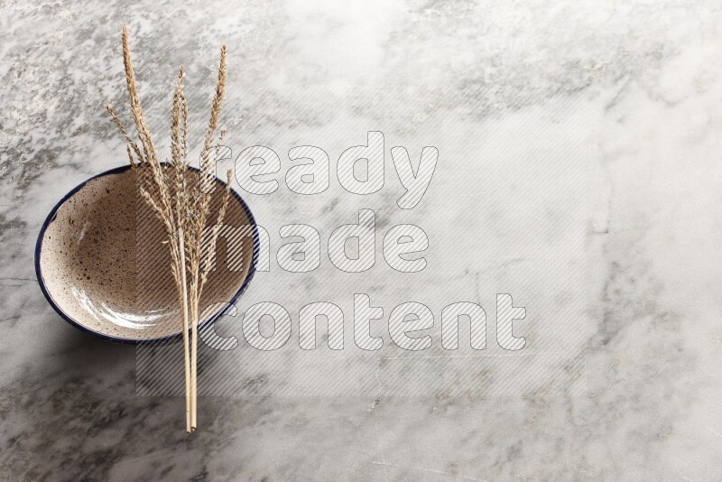 Wheat stalks on multicolored pottery bowl on grey marble background