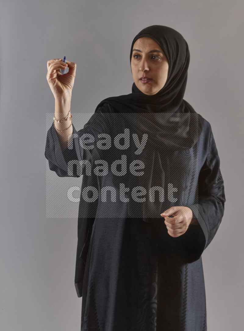 Woman in black abaya and hijab holding a marker pen to write on a transparent board with different reactions and expressions on grey background