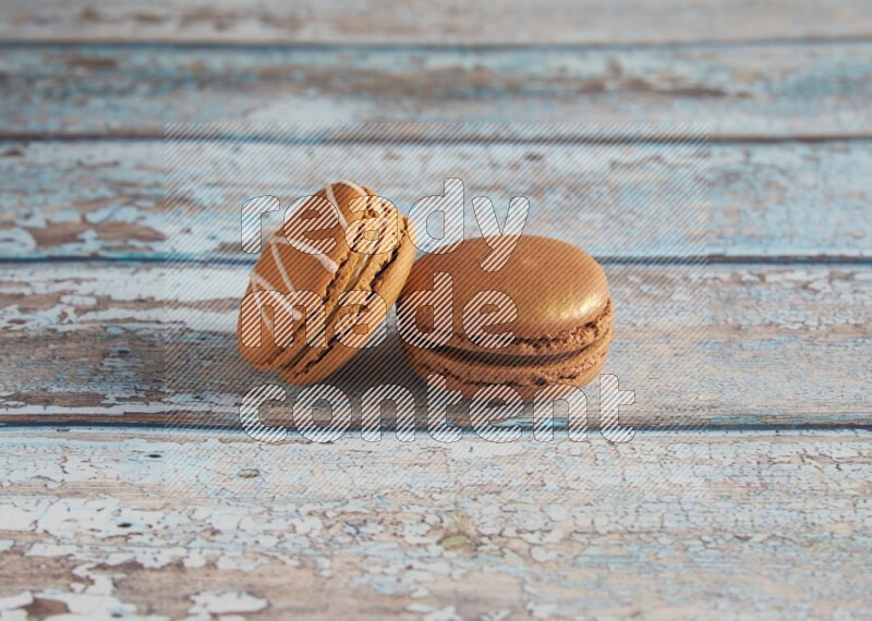 45º Shot of of two assorted Brown Irish Cream, and Brown Coffee macarons on light blue background
