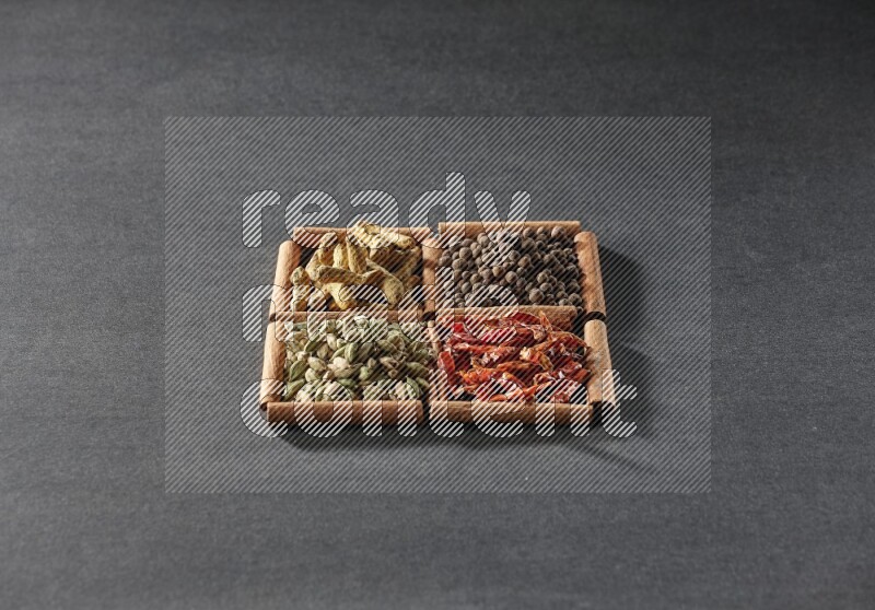 4 مربعات من عيدان القرفة ممتلئة بحبوب الهيل والفلفل الحار وبهار الفلفل الحلو وأصابع الكركم على أرضية سوداء