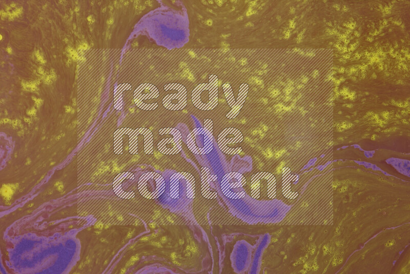 The image depicts a marbling effect with swirling patterns of purple and yellow