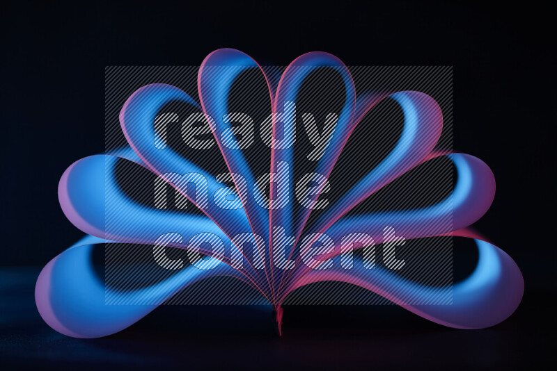 An abstract art piece displaying smooth curves in blue and pink gradients created by colored light