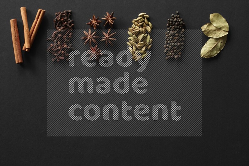 Cinnamon, cloves, star anise, cardamom, black peppers, laurel bay leaves lined on a black background