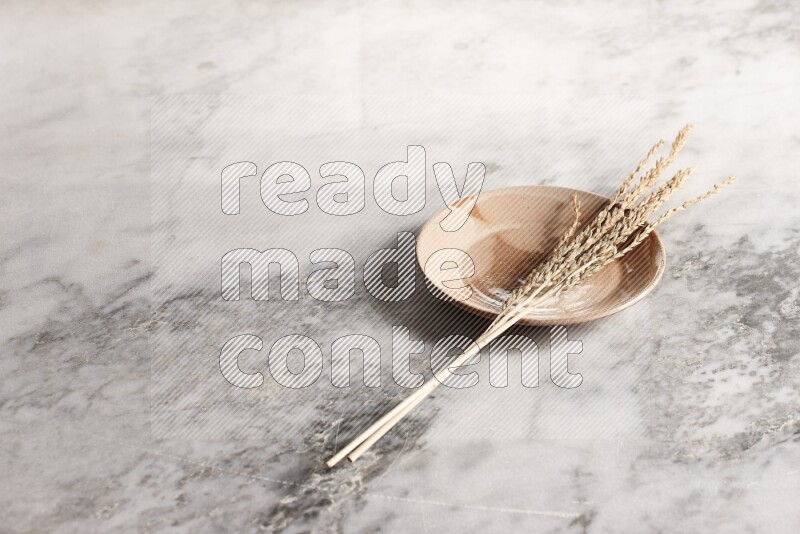 Wheat stalks on multicolored pottery plate on grey marble background