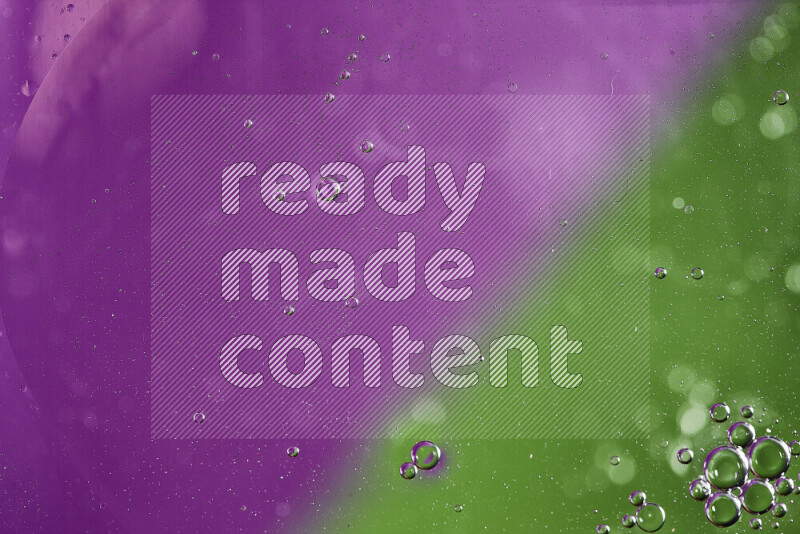 Close-ups of abstract oil bubbles on water surface in shades of green and purple