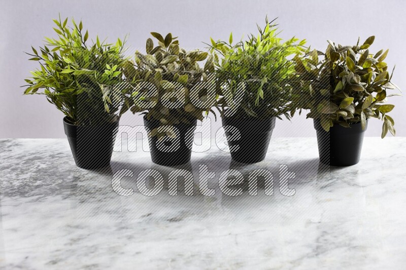 Multiple artificial plants in black pot on grey marble background