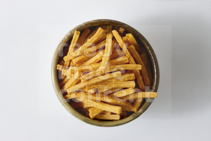 Assorted snacks on white background