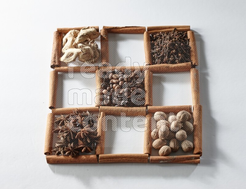 9 squares of cinnamon sticks full of coffee beans in the middle surrounded by dried mint, dried ginger, cardamom, star anise, cinnamon, nutmeg, dried basil and cloves on white flooring