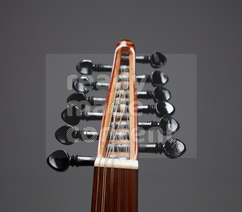 parts of a brown wooden Oud in a gray background