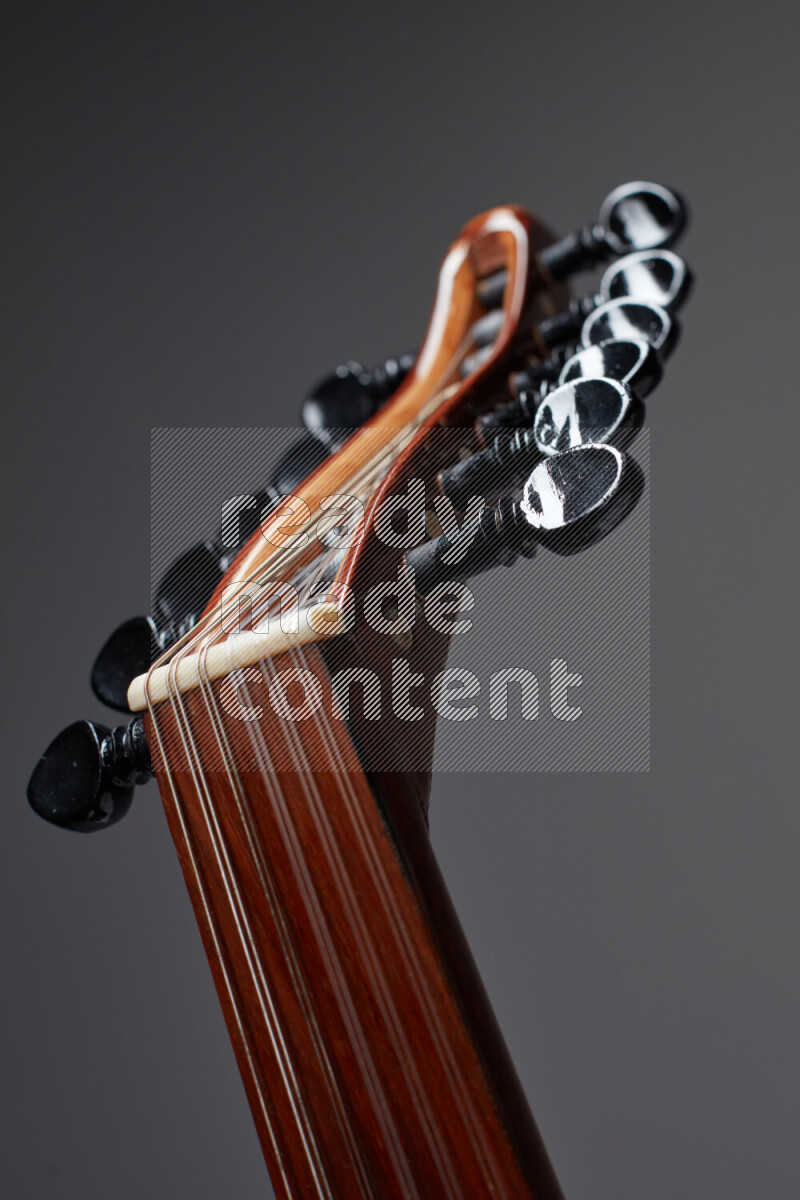 parts of a brown wooden Oud in a gray background