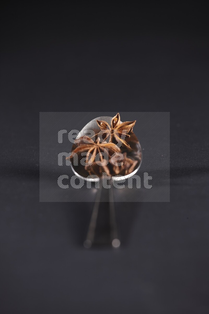 Star Anise in a metal spoon on black flooring