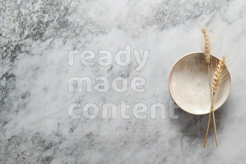 Wheat stalks on beige pottery plate on grey marble background