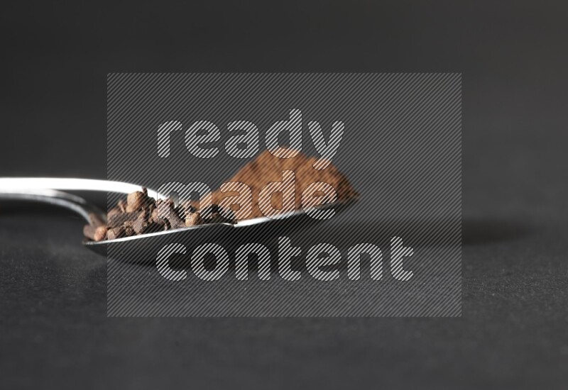 2 metal spoons, one full of cloves grains and the other full of cloves powder on a black flooring