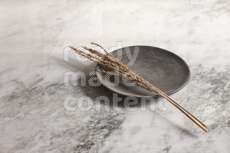 Wheat stalks on black pottery plate on grey marble background