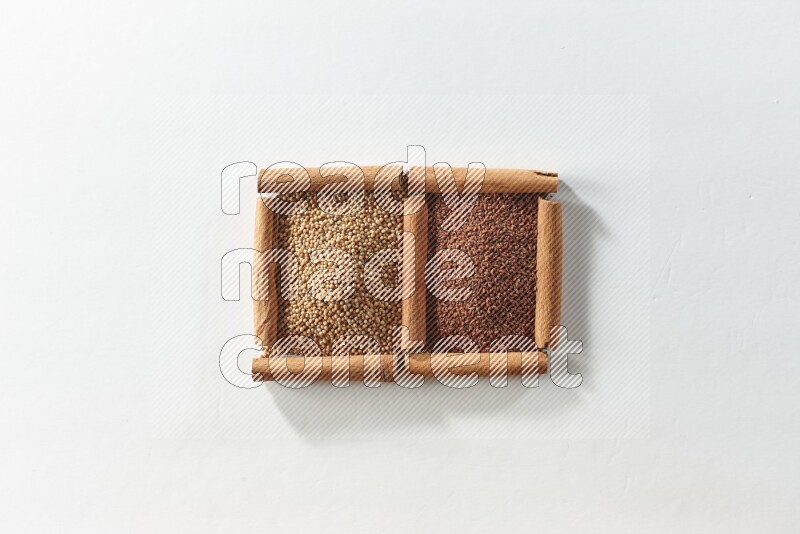 2 squares of cinnamon sticks full of mustard seeds and garden cress on white flooring