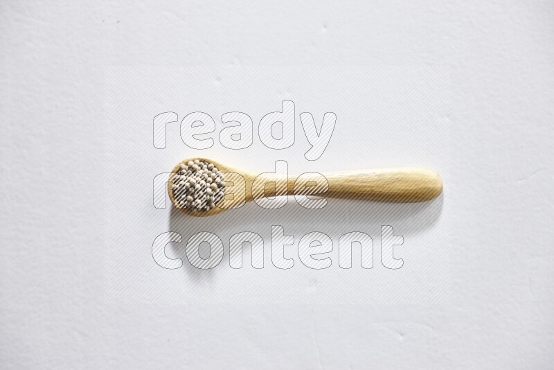 A wooden spoon full of white pepper beads on white flooring