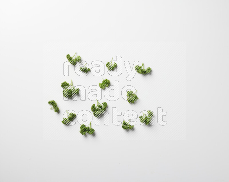 Scattered fresh curly parsley leaves on white background