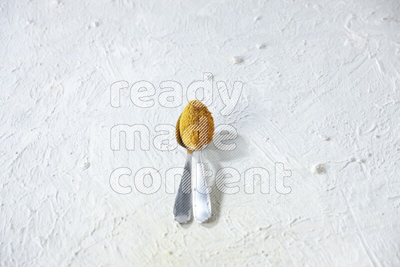 2 metal spoons full of turmeric powder on a textured white background