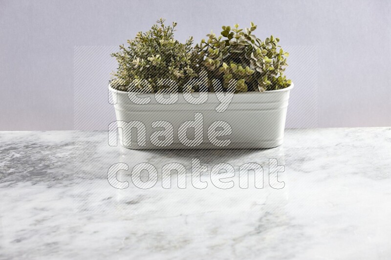 Multiple green artificial plants in white pot on grey marble background