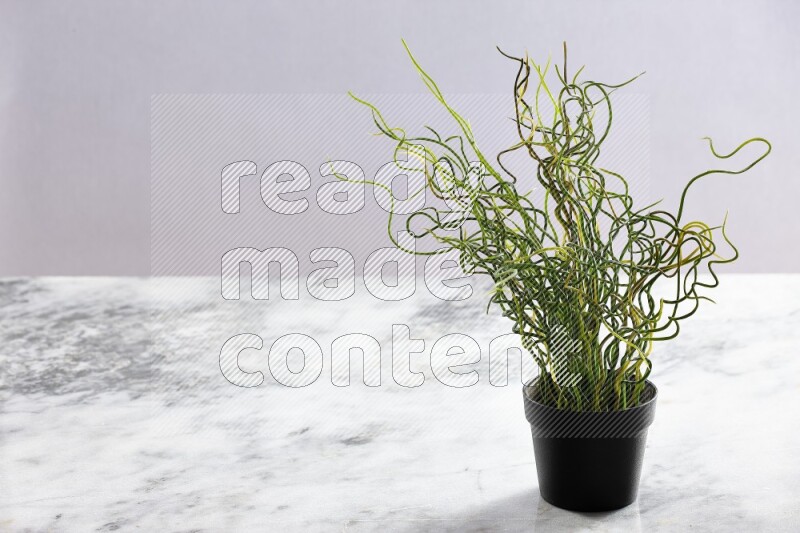 Green artificial plant in black pot on grey marble background