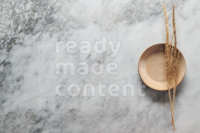 Wheat stalks on beige pottery plate on grey marble background