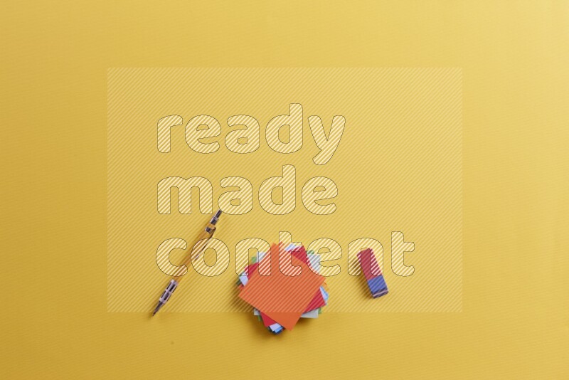 Multicolored sticky notes with school supplies on yellow background