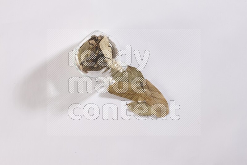A glass spice jar full of dried bay leaves and jar is flipped and leaves spread out on white flooring