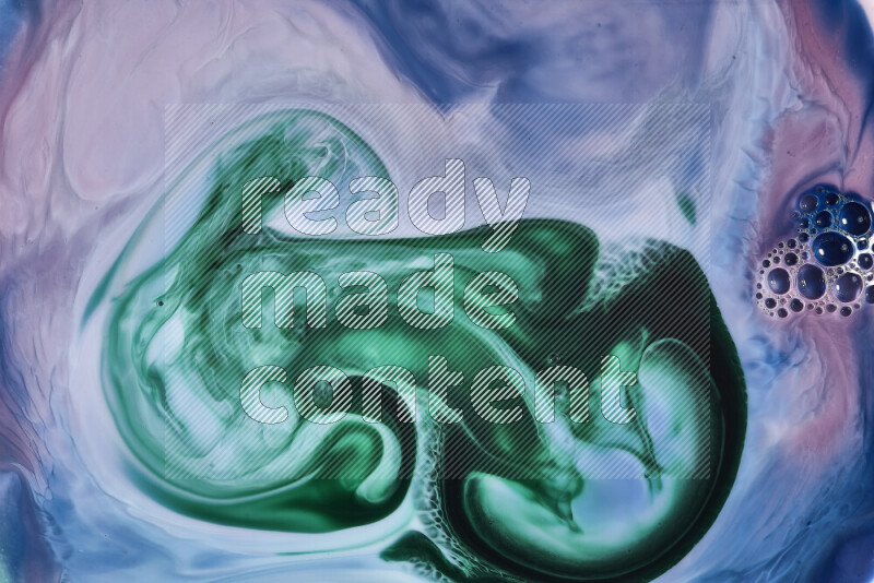 A close-up of abstract swirling patterns in blue, pink and green