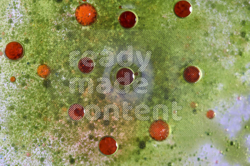 Close-ups of abstract red and green watercolor drops on oil Surface on green background