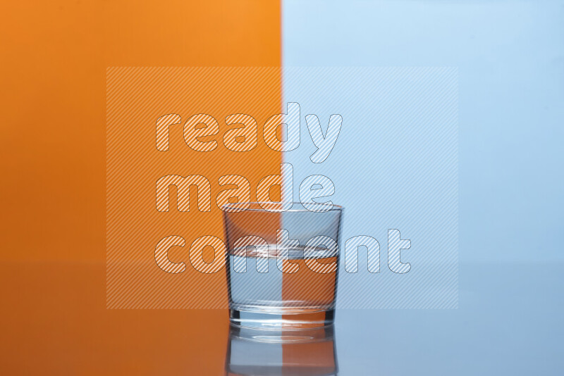 The image features a clear glassware filled with water, set against orange and light blue background