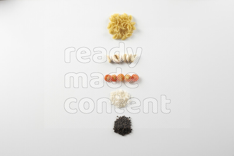 Red sauce pasta recipes ingredients on white background