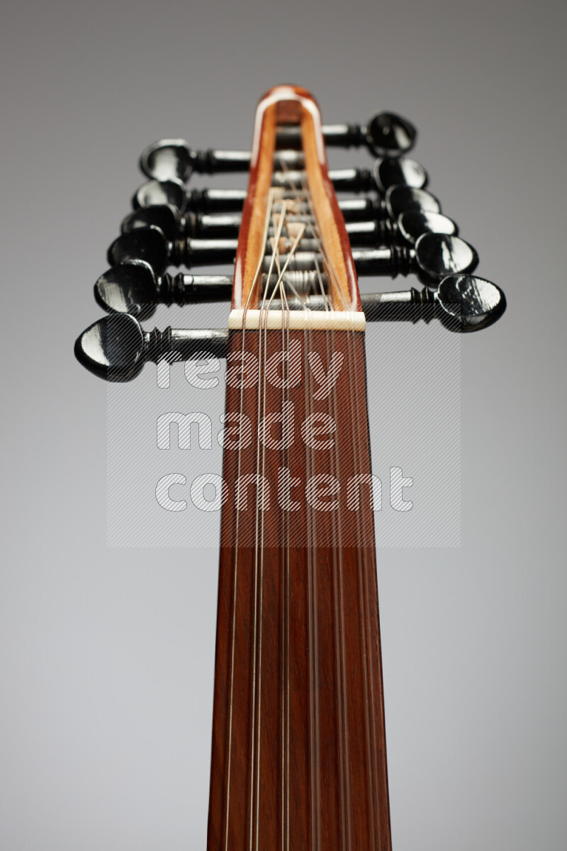 parts of a brown wooden Oud in a gray background