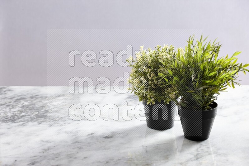 Two different green artificial plants in black pot on grey marble background