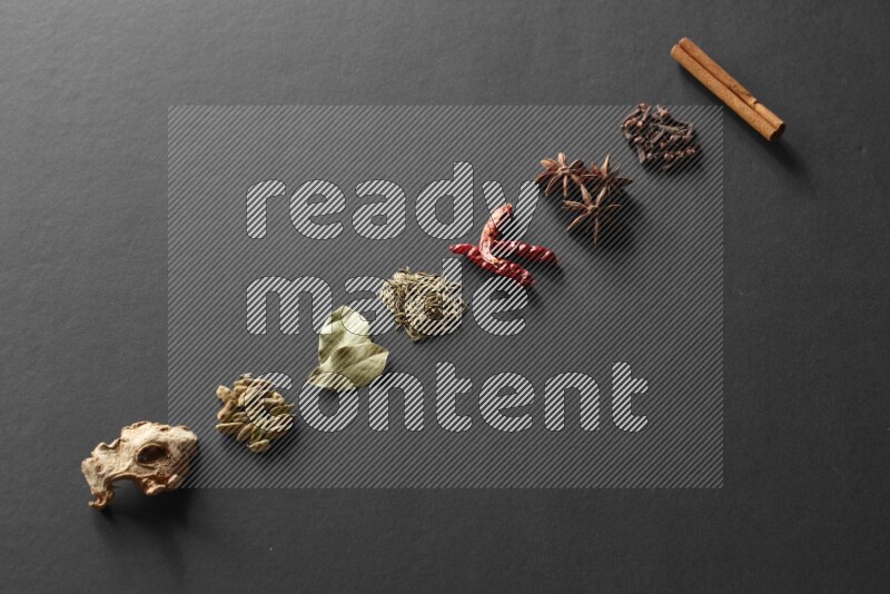 Cinnamon, cloves, star anise, chilis, cumin, laurel leaves bay, cardamom and ginger lined on a black background