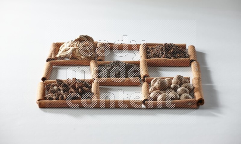 9 squares of cinnamon sticks full of tea in the middle surrounded by nutmeg, dried mint, cloves, dried basil, dried ginger, cinnamon, star anise and cardamom on white flooring