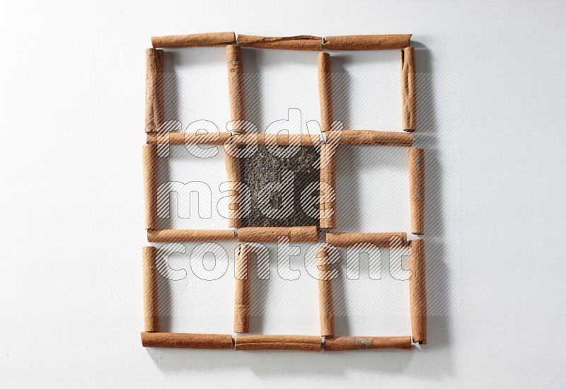 9 squares of cinnamon sticks full of tea in the middle surrounded by nutmeg, dried mint, cloves, dried basil, dried ginger, cinnamon, star anise and cardamom on white flooring